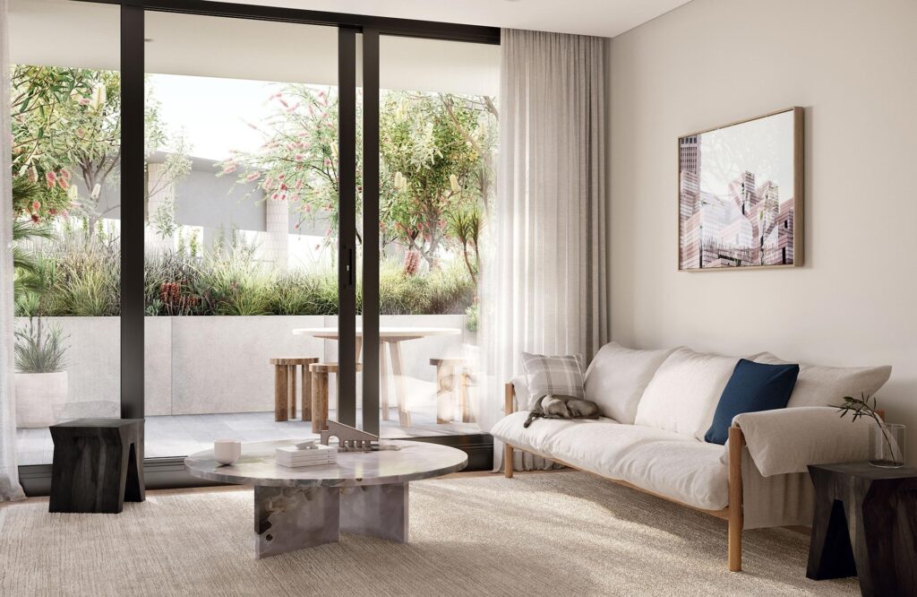 Living Area of Apartment 401 - 2 Bedrooms, 2 Bathrooms.